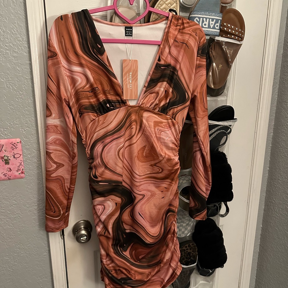 SHEIN Swirl Pattern Dress in Pink and Brown